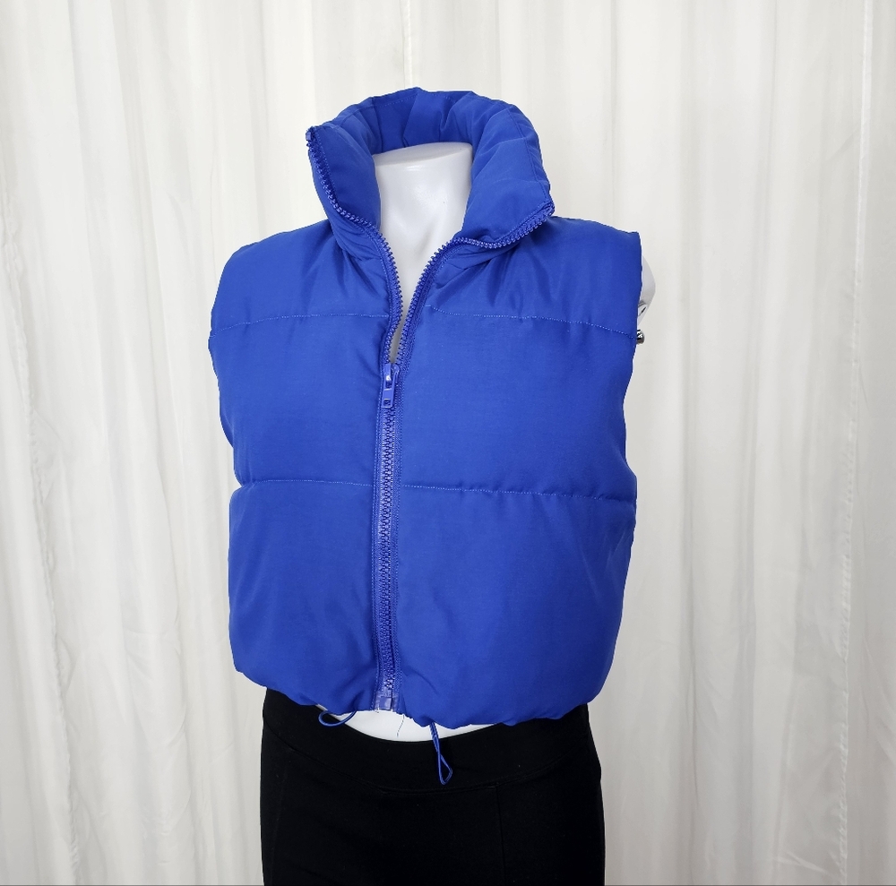 Merokeety Cobalt Blue Cropped Zip Front Puffer Vest Medium
